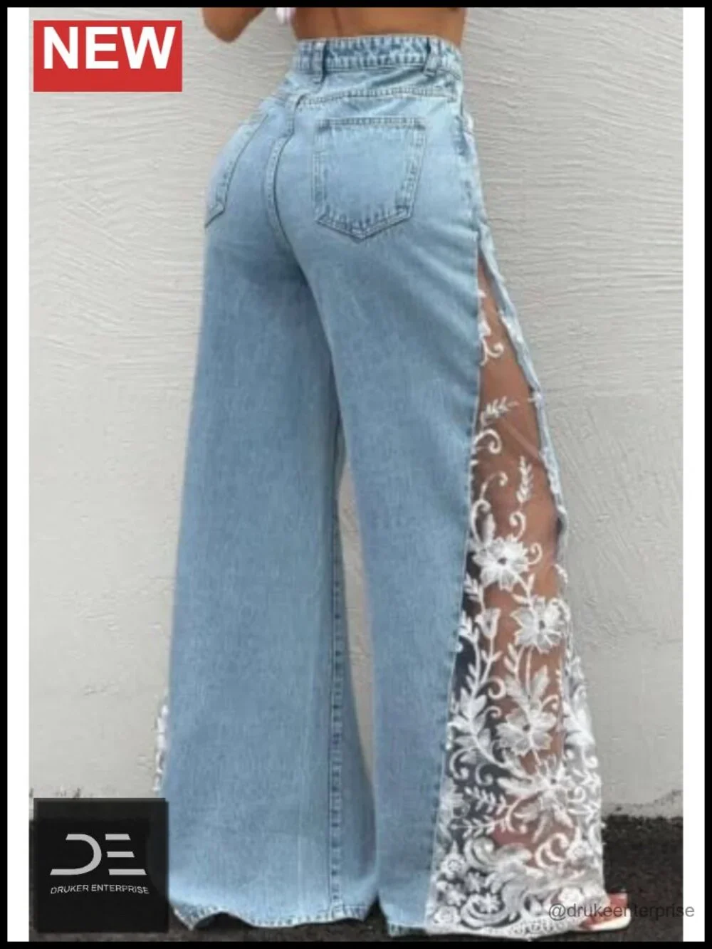 Geulis Floral Lace Wide Leg Jeans High Waisted Baggy Denim Pants